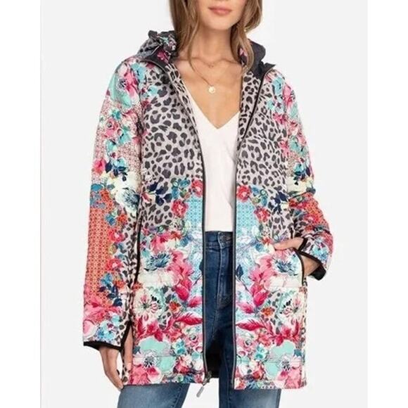 Johnny Was Lubello Reversible Full Zip Leopard Floral Puffer Jacket Black Large - Picture 1 of 13